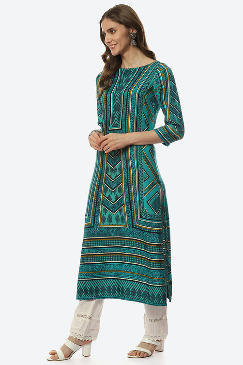 Green & Turquoise Rayon Straight Printed Kurta image number 2