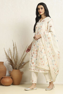 Off White Chanderi Machine Embroidered Unstitched Suit Set image number 4