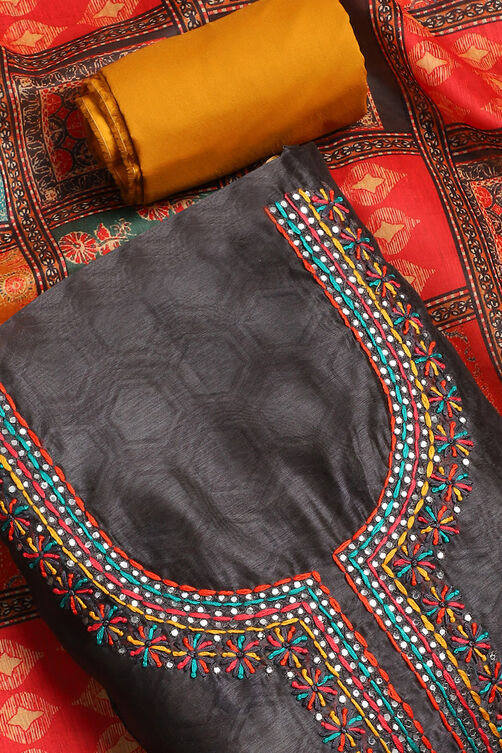 Brown Chanderi Hand Embroidered Unstitched Suit Set image number 2