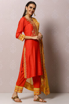 Coral Red And Yellow Cotton Viscose Straight Suit Set image number 6
