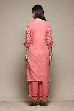Blush Pink Cotton Blend Straight Yarndyed Kurta Palazzo Suit Set image number 4