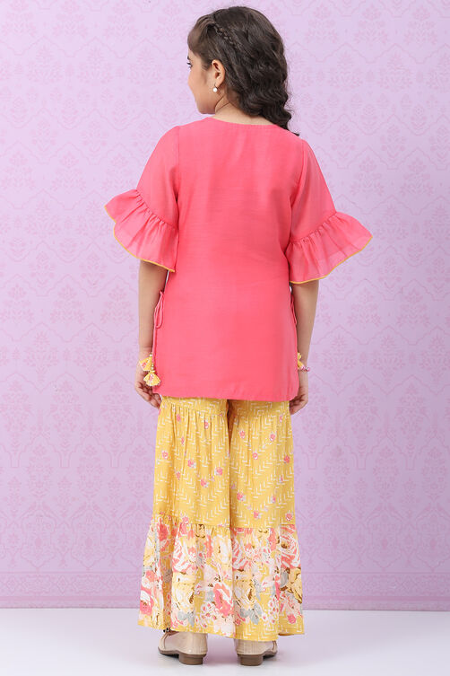 Yellow & Pink Art Silk Straight Kurta Set image number 4