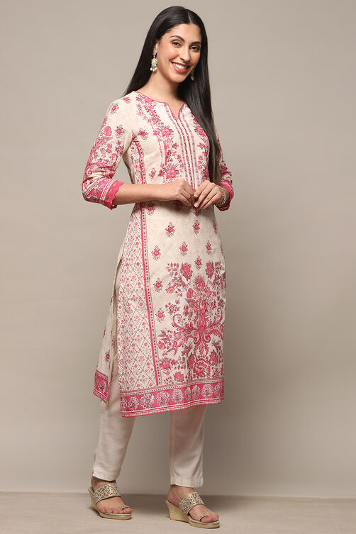 Off-white & Pink Pure Cotton Printed Straight Kurta image number 4