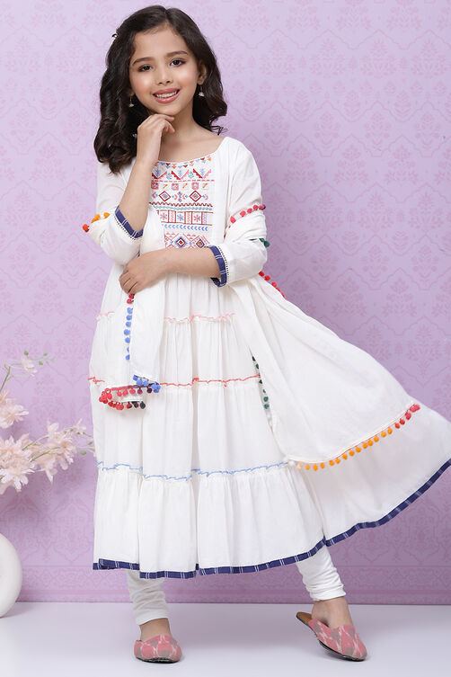 Off White Cotton Tiered Kurta Churidar Suit Set image number 7