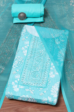 Blue Cotton Blend Floral Digital Print Unstitched Suit Set image number 0