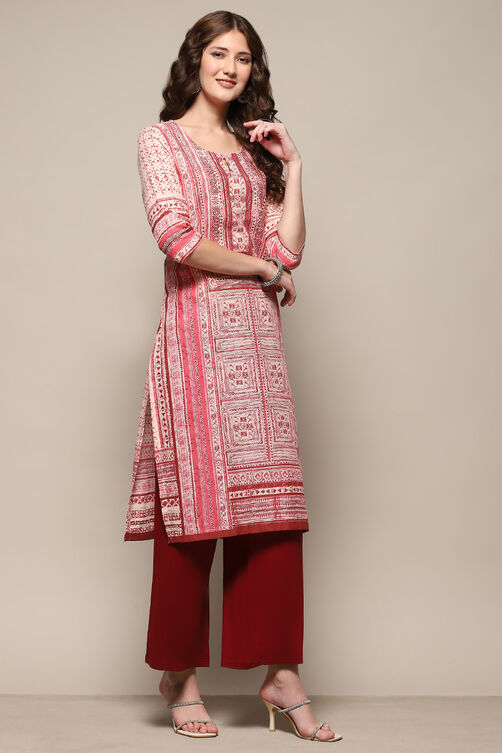 Rust & Off-white Cotton Printed Straight Kurta image number 4