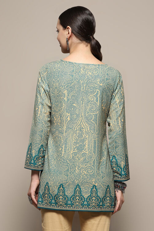 Green and Beige Printed Regular Fit Straight Kurti image number 3