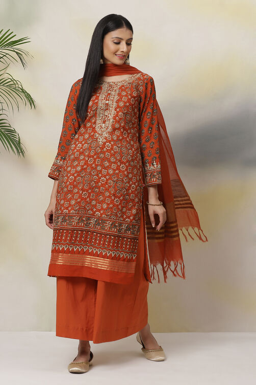 Terracotta And Orange Poly Cotton Straight Suit Set image number 4