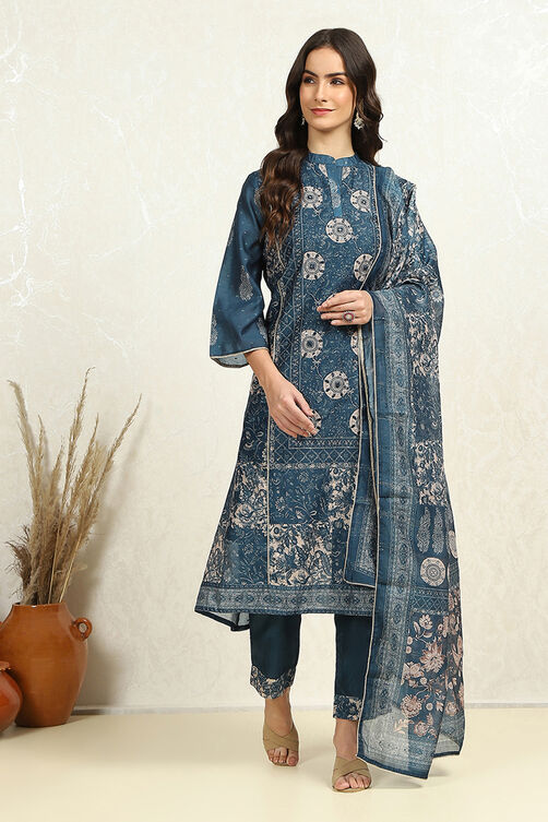 Blue Chanderi Printed Unstitched Suit Set image number 7