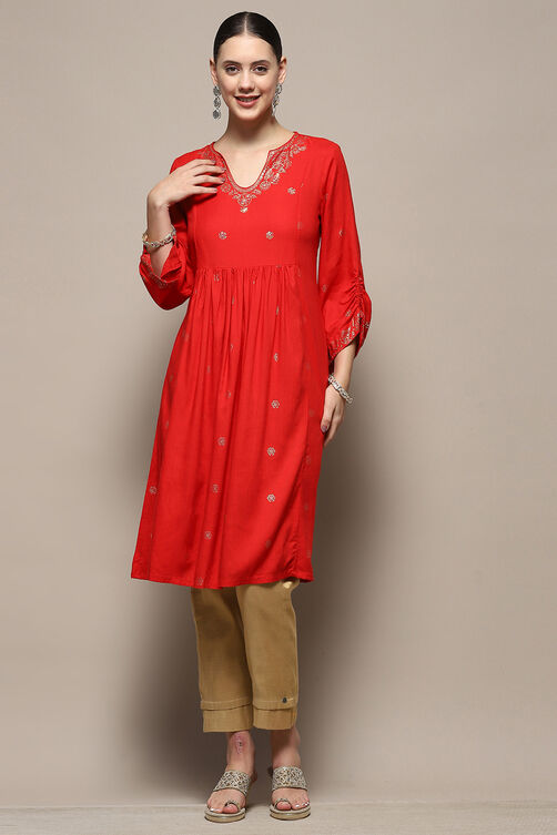 Red Foil Printed Gathered A-Line Kurta image number 6