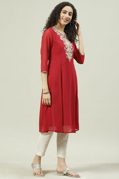 Red Poly Cotton A-Line Kurta image number 3