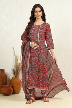 Maroon Cotton Printed Embroidered Unstitched Suit Set image number 1