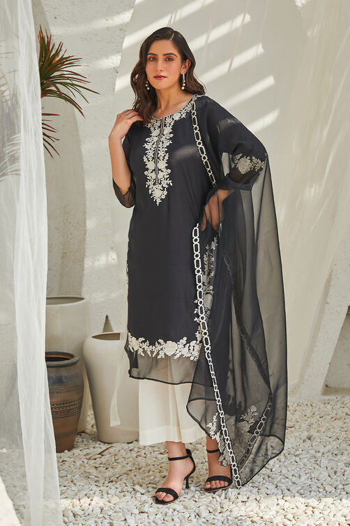 Black Embroidered Kurta & Palazzo Suit Set image number 3