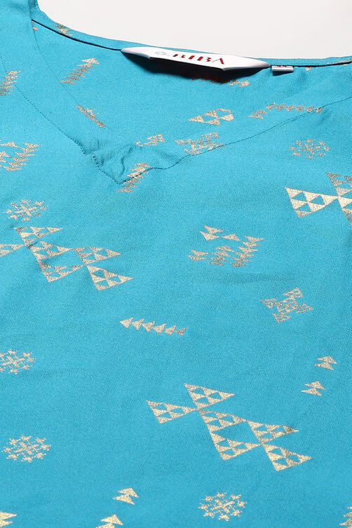 Turquoise Rayon A-Line Printed Kurta image number 1