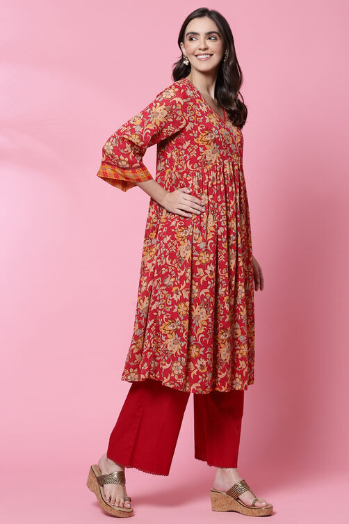 Red Cotton Flared Kurta Set image number 5