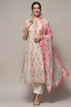 White Pink Chanderi Blend Unstitched Suit set image number 8