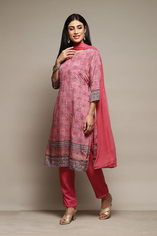 Pink Printed Straight Kurta & Pants Suit Set image number 5