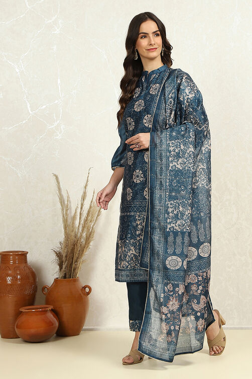 Blue Chanderi Printed Unstitched Suit Set image number 4