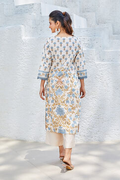 Off-white & Blue Cotton Floral Straight Kurta image number 2