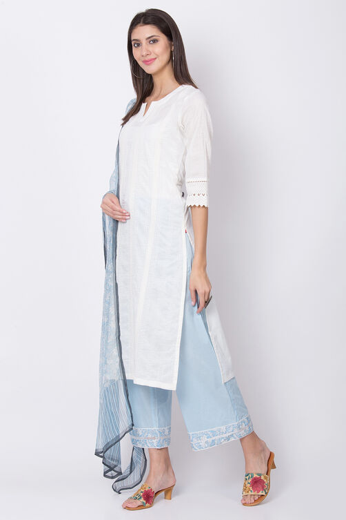 White Cotton Straight Kurta Palazzo Suit Set image number 2