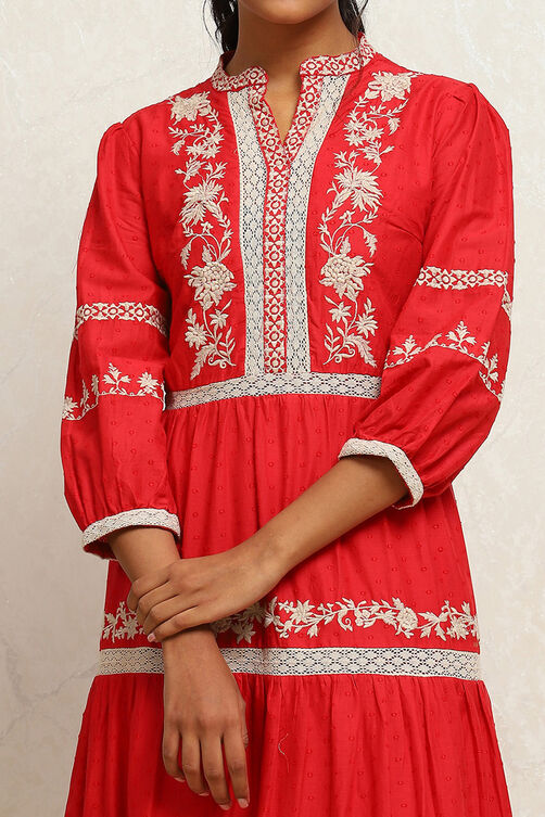 Cherry Red Pure Cotton Embroidered Tiered Dress image number 1