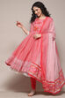 White Pink Cotton Anarkali Printed Kurta Churidar Suit Set