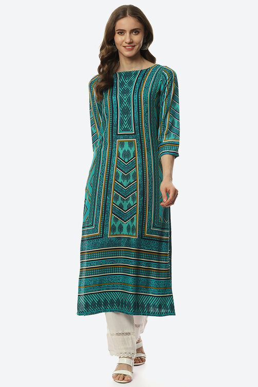 Green & Turquoise Rayon Straight Printed Kurta image number 0