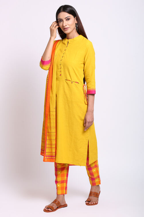 Yellow Eco Cotton Straight Kurta Slim Pant Suit Set image number 2