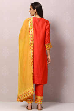 Coral Red And Yellow Cotton Viscose Straight Suit Set image number 4