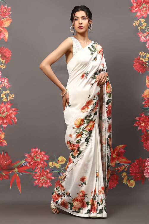 Rohit Bal Off White Cotton Blend Saree image number 3