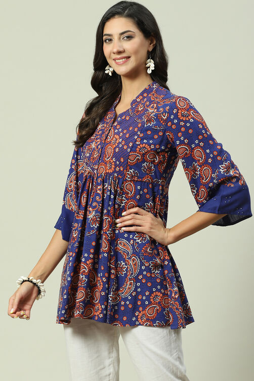 Blue Rayon Flared Printed Kurti image number 2