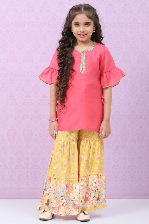 Yellow & Pink Art Silk Straight Kurta Set image number 0