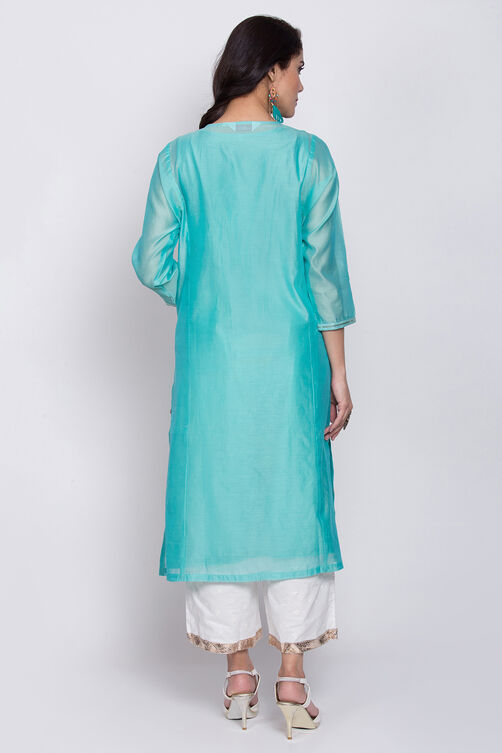 Aqua Poly Cotton A-Line Embroidered Kurta image number 5