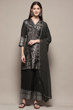 Charcoal Art Silk Straight Kurta Palazzo Suit Set image number 7