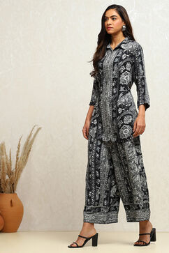 Black Printed Shirt-Style Kurti Co-ord Set image number 3