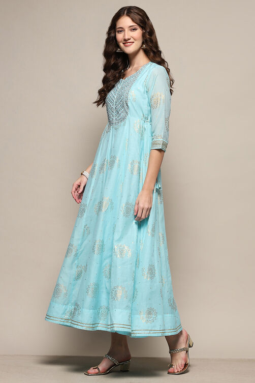 Sky Blue Foil Printed Festive Flared Dress  image number 2