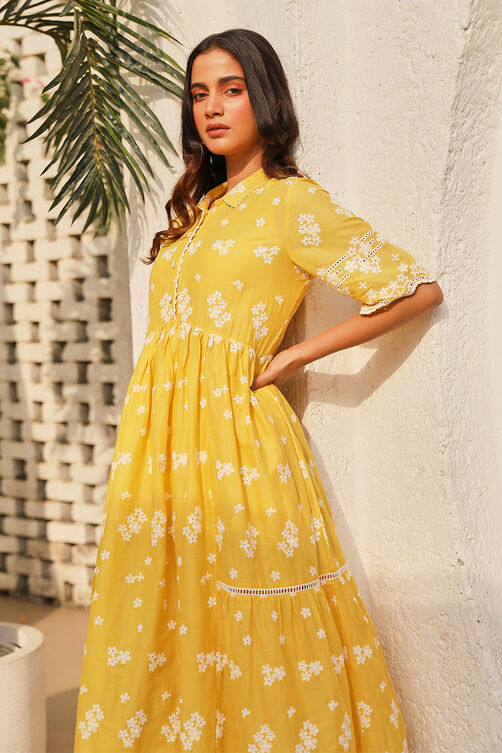 Yellow Cotton Embroidered Tiered Dress image number 0