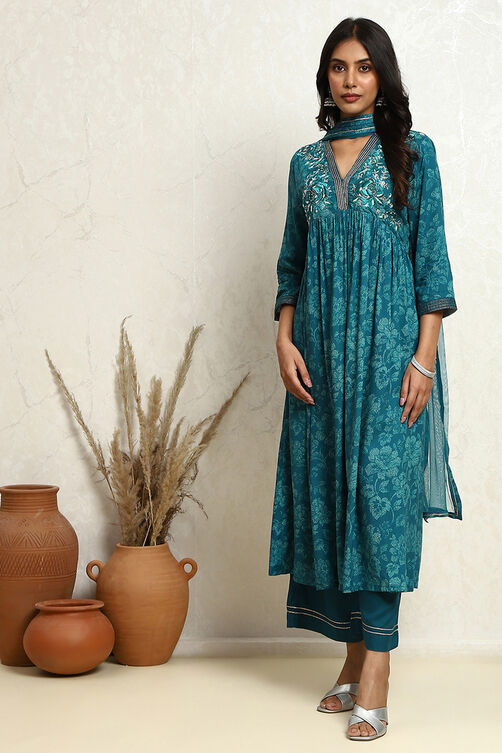 Teal Blue Floral Printed Flared Suit Set image number 5