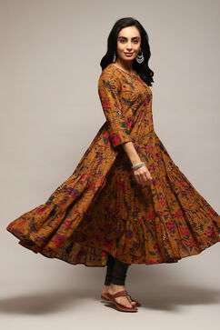 Mustard Cotton Flared Printed Dress image number 5