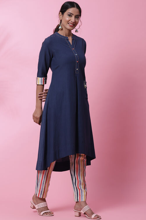 Navy Blue Rayon A-Line Kurta Slim Pant Suit Set image number 5