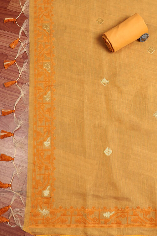 Yellow Chanderi Handloom Unstitched Suit Set image number 4