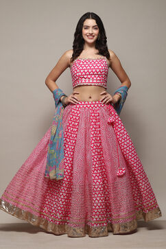 Pink Poly Cotton Straight Kurta Lehenga Set image number 0