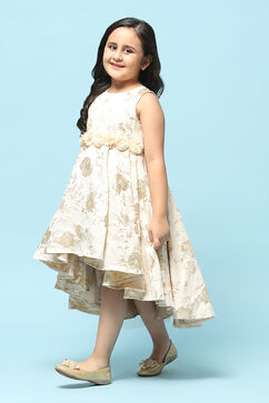 Beige Polyester Gathered Printed Dress image number 2