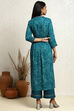 Teal Blue Floral Printed Flared Suit Set image number 4