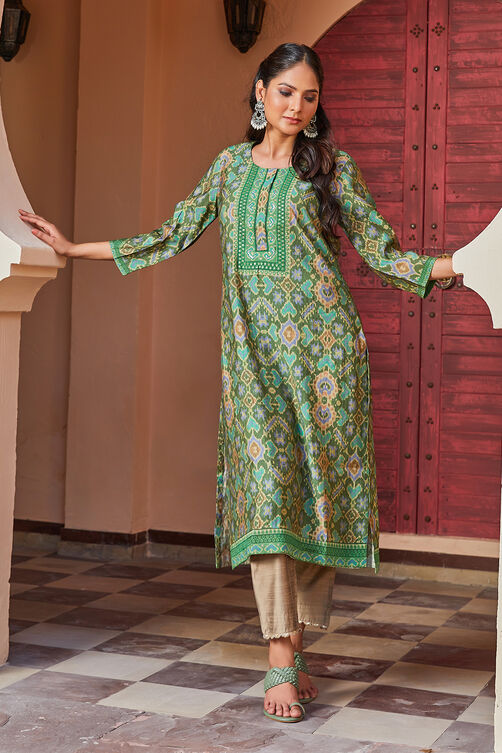 Green Poly Viscose Straight Printed Kurta image number 0