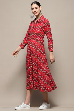 Maroon Chevron Block Printed Shirt-Style A-line Dress image number 2