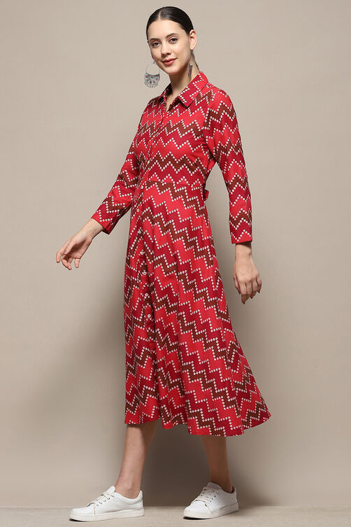 Brown Chevron Block Printed Shirt-Style A-line Dress image number 2