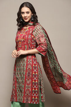 Green and Maroon Cotton Printed Straight Suit Set image number 1