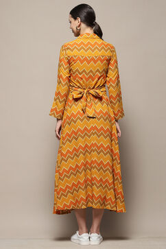 Orange Chevron Block Printed Shirt-Style A-line Dress image number 3