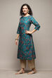 Turquoise Cotton Straight Printed Kurta image number 2